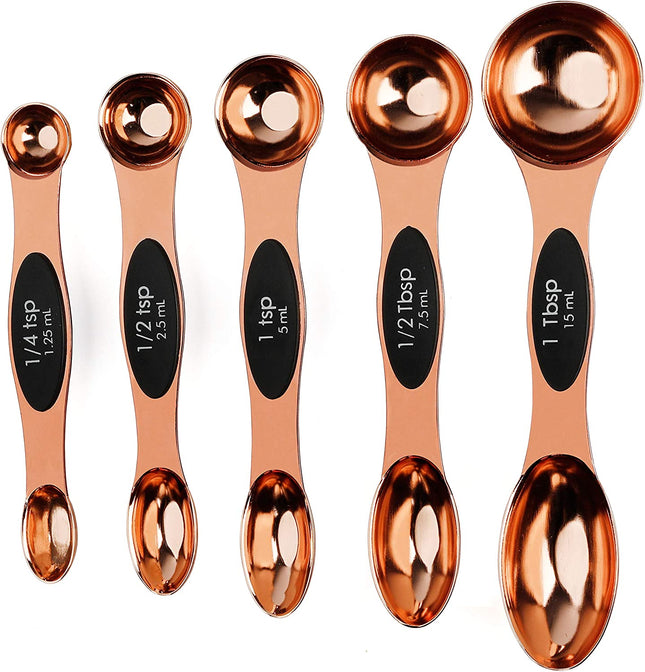 Magnetic Measuring Spoons Stainless Steel Copper Plated Rose Gold Dual Side for Dry and Liquid Ingredients Set of 5