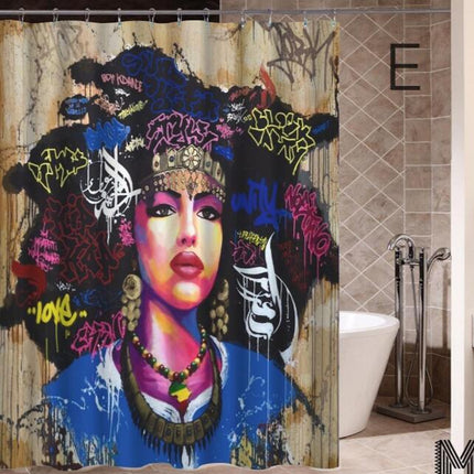 Art Design Graffiti Art Hip Hop African Girl with Black Hair Big Earring with Modern Building Shower Curtain for Bathroom Decor