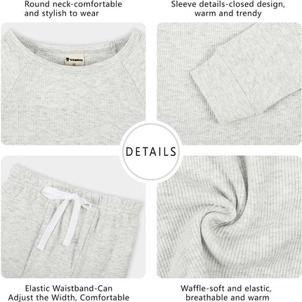 Newborn Baby Boy Girl Waffle Knitted Clothes Set Cotton Long Sleeve Pullover Pants Solid Color Fall Winter Outfits(Grey, 12-18M)