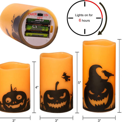 Halloween Flameless Candles, LED Flickering Battery Pillar Candles with 6H Timer and Pumpkin Decals, Spooky Fall Halloween Festival Party Decoration Set of 3 (D 3” X H 4” 5” 6”)