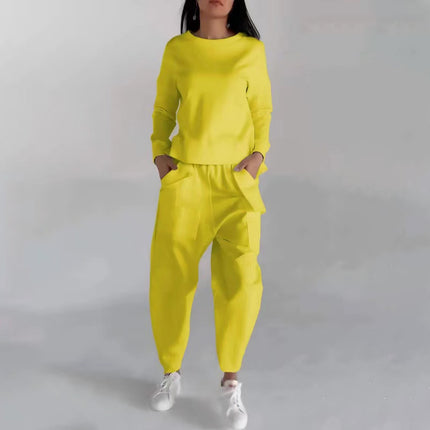 Solid Color Fashion Sweatshirt Long Sleeve Back Slit Top With Pockets Loose Trousers Women's Clothing