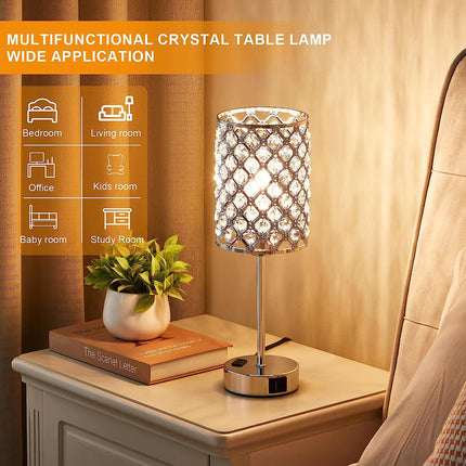 Table Lamps for Bedroom Set of 2-Crystal Table Lamp with USB C+A Ports & AC Outlet Sliver Nightstand Touch Lamp with 3-Way Dimmable Bedside Side Desk Lamp for Living/Bedroom (LED Bulb Included)