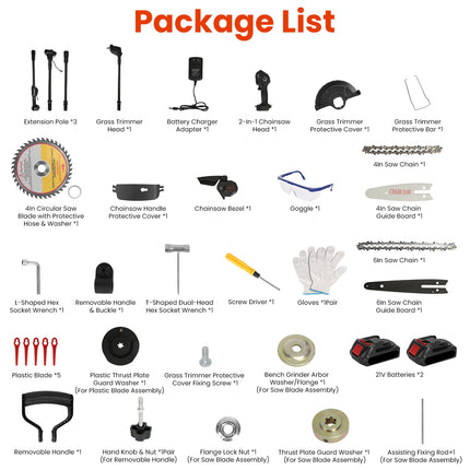 1Set 3-in-1 Cordless Electric Pole Saw Mini Chainsaw Grass Trimmer Kit With Adjustable Length 2Pcs 21V 1500mAh Batteries 4in 6in Chains Saw Blade 5Pcs Plastic Blades Fedex Shipping