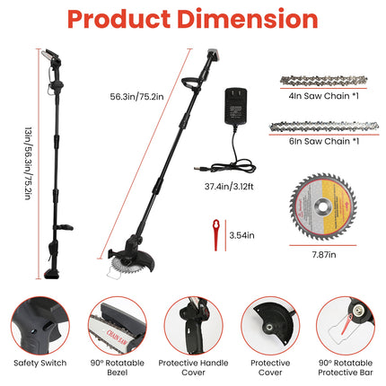 1Set 3-in-1 Cordless Electric Pole Saw Mini Chainsaw Grass Trimmer Kit With Adjustable Length 2Pcs 21V 1500mAh Batteries 4in 6in Chains Saw Blade 5Pcs Plastic Blades Fedex Shipping