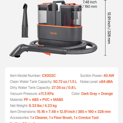 Portable Carpet Cleaner Machine Dual-Water Tank 11.5Kpa Upholstery Cleaner