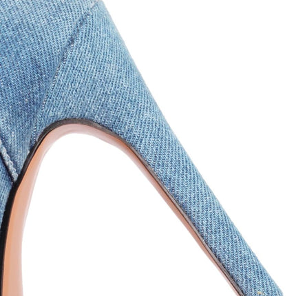 Women‘S Denim Heels Ankle Strap Peep Toe Heeled Sandals