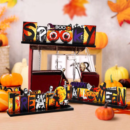 3Pcs Halloween Wooden Table Centerpieces Signs, Halloween Decorations Indoor Table Decor for Halloween Party Supplies, Orange