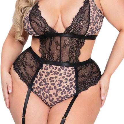 Plus Size Lingerie for Women Sexy Lingerie Leopard Mesh One-Piece Teddy Black Bodysuit with Garter Belts