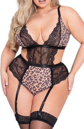 Plus Size Lingerie for Women Sexy Lingerie Leopard Mesh One-Piece Teddy Black Bodysuit with Garter Belts