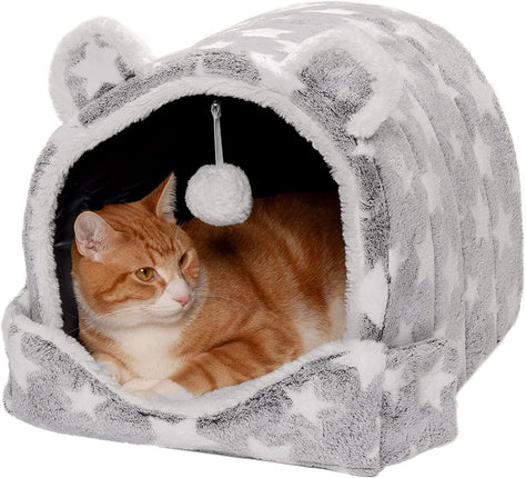 Cat Bed Cave for Indoor Cats & Small Dogs, Washable & Foldable W/ Plush Ball Toy - Cozy Cave-Bear Pet Tent - Silver Stars, Small