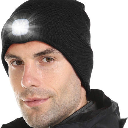 LED Lighted Beanie, Unisex Warm Knitted Hat, Rechargeable Headlamp Cap for Outdoors, Tech Gift for Men Dad Father Him