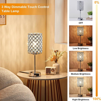 Table Lamps for Bedroom Set of 2-Crystal Table Lamp with USB C+A Ports & AC Outlet Sliver Nightstand Touch Lamp with 3-Way Dimmable Bedside Side Desk Lamp for Living/Bedroom (LED Bulb Included)