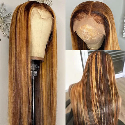 Highlight Ombre Straight Lace Front Wigs Human Hair for Black Women T Part 13X1 Glueless HD Transparent Lace Frontal Human Hair Wigs Pre Plucked 150 Density Colored P427 16Inch