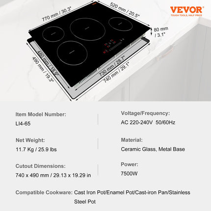 Electric Cooktop, 4 Burners, 30 Induction Stove Top, Built-in Magnetic Cooktop 7500W, 9 Heating Level Multifunctional Burner, LED Touch Screen With Child Lock  Over-Temperature Protection