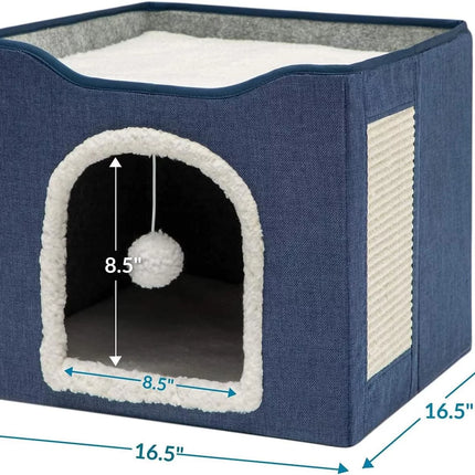 Cat Beds for Indoor Cats -Large Cat Cave for Pet Cat House with Fluffy Ball Hanging and Scratch Pad, Foldable Cat Hidewawy, Blue