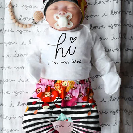 Newborn Baby Girl Clothes Hi I'M New Here Newborn Outfit Infant Romper Floral Pants Cute Baby Girl Outfits 4PC Set