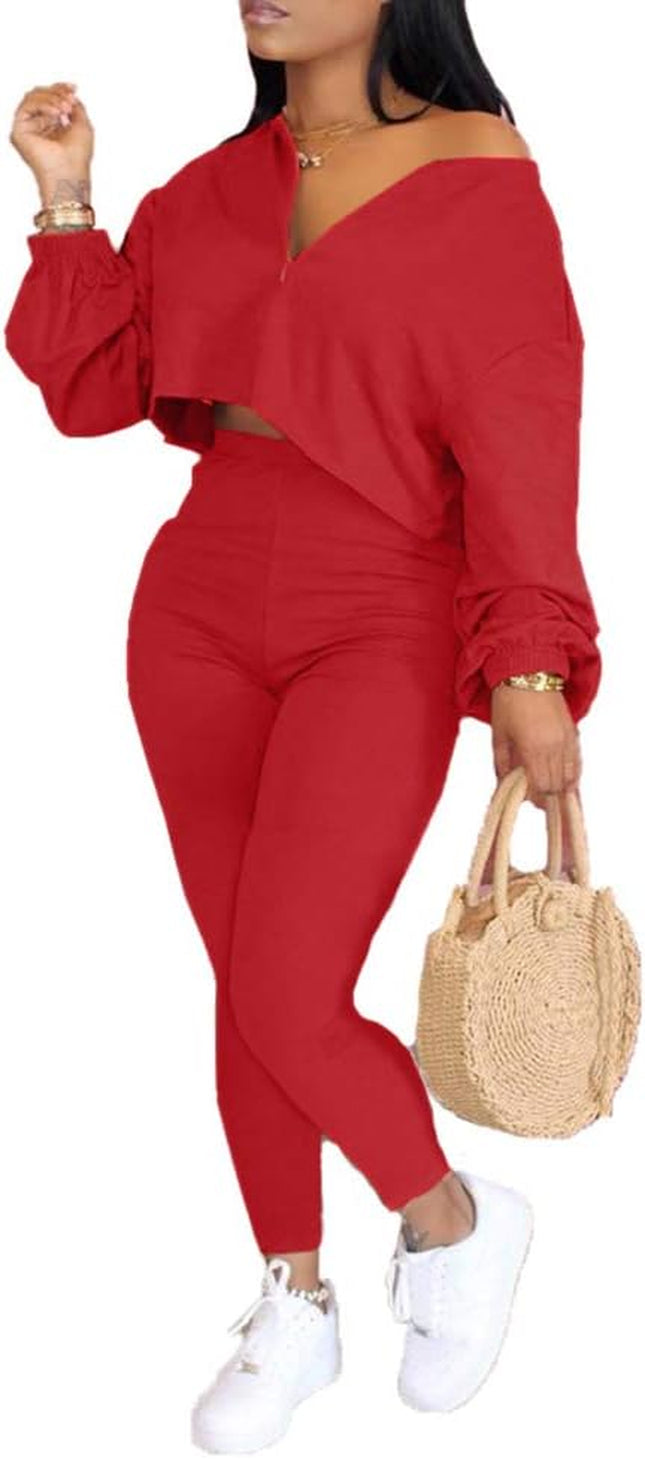 Womens Two Piece Outfits Tracksuit - Long Sleeve Zip Crop Top + Skinny Pants Sweatsuit Jogger Set