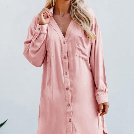 Womens V Neck Shirt Dress Long Sleeve Casual Loose Button down Tunic Dresses Pocketed Pink