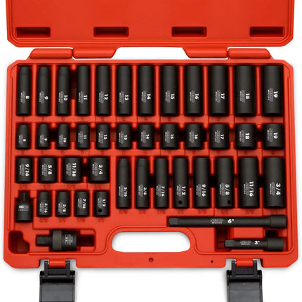 02440A 3/8-Inch-Drive Impact Socket Set, SAE Sizes 5/16" to 3/4" and Metric Sizes 8 Mm to 19 Mm, Includes Extension Bars and U-Joint, 44 Pieces