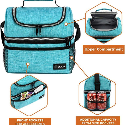 Lunch Box for Men Women, Insulated Large Lunch Bag Adult Work, Double Decker Lunchbox Meal Prep Dual Compartment Leakproof Lunch Cooler,Soft Lunch Tote Boys Girls Kids School, Aqua Turquoise 12L