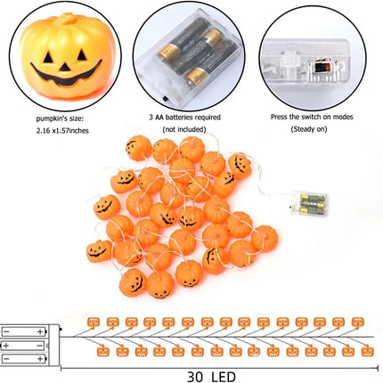 Halloween Pumpkin String Lights with Pumpkin Candy Bucket, 30 LED 16.4Ft, 8 Modes Timer Waterproof Orange Jack-O-Lantern, Outdoor and Indoor Halloween Decorations