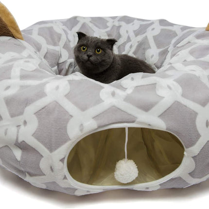 Large Cat Tunnel Bed with Plush Cover,Fluffy Toy Balls, Small Cushion and Flexible Design- 10 Inch Diameter, 3 Ft Length- Great for Cats, and Small Dogs, Gray Geometric Figure