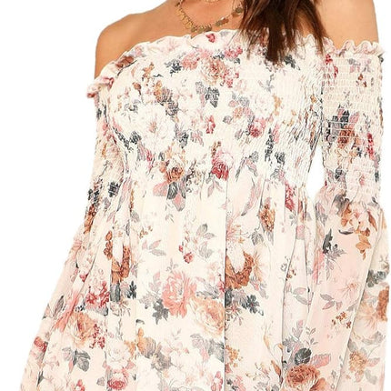 Women'S Casual Floral Print off Shoulder Trumpet Sleeve Swing Dress