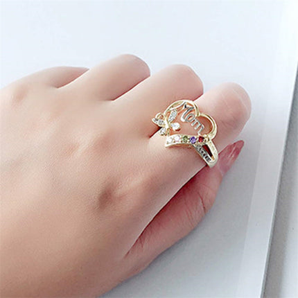 Mother's Day Gift Hollow Heart English Letter Love Mom Rhinestone Butterfly Finger Ring Jewelry Gift