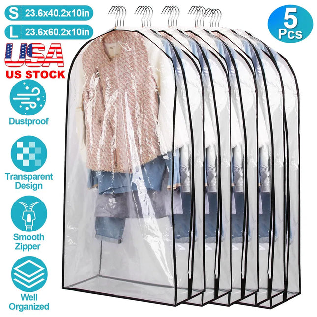 5 Pack Garment Bag For Hanging Clothes Dustproof Waterproof Hanging Clothes Storage Bag Clear Transparent Suits Cover For Sweater Jacket Coat Dress Shirt