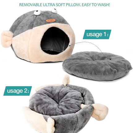 Cat Beds for Indoor Cats - Cat Bed Cave with Removable Washable Cushioned Pillow, Soft Plush Premium Cotton No Deformation Pet Bed, Lively Pufferfish Cat House Design, Grey, Multiple Sizes(S)