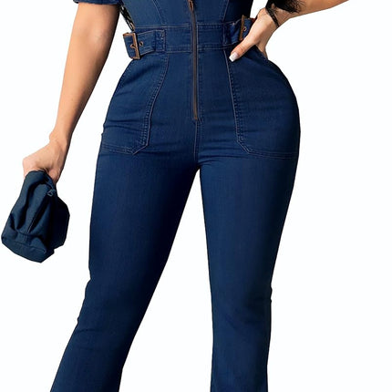 Women Elegant Jeans Jumpsuit Sexy V-Neck Clubwear Bell Bottom Denim Long Pants Jumpsuits with Zipper Pockets