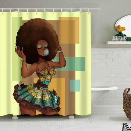 Art Design Graffiti Art Hip Hop African Girl with Black Hair Big Earring with Modern Building Shower Curtain for Bathroom Decor