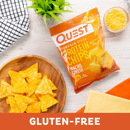 Quest Tortilla Style Protein Chips with 18G of Protein, Nacho Cheese Flavor, 1.1 Oz Bags, 8 Count