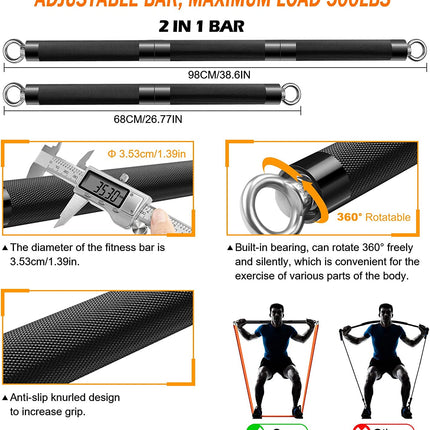 Resistance Band Bar Set Portable Full Body 500LBS Extra Heavy Home Gym with 4 Levels Resistance Bands, 2 in 1 Adjustable Bar and Gym Bag