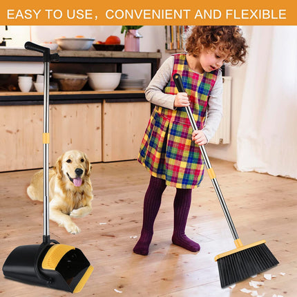 Broom and Dustpan Set for Home,  Dust Pan and Broom Comb, Broom with Dustpan Long Handle, Upright Standing Dustpan Broom Set for Home Room Kitchen Office Lobby Floor Use