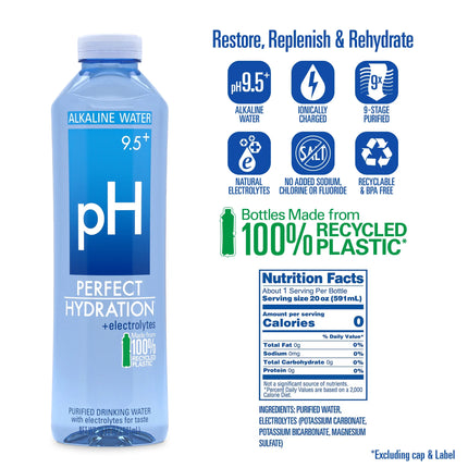 9.5 Ph Alkaline Water, Electrolytes for Taste, Bottles Made with 100% Recycled Plastic, 20 Fl Oz, Pack of 24