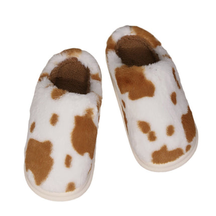 Cute Cow Spotted Plush Slippers Winter Warm Non-slip Bedroom Floor Fuzzy Slipper Couple Women House Shoes