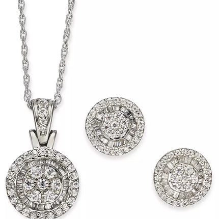 2-Pc. Set Diamond Halo Heart Cluster Pendant Necklace & Matching Stud Earrings (1 Ct. T.W.) in 10K White Gold (Also in round & Square)