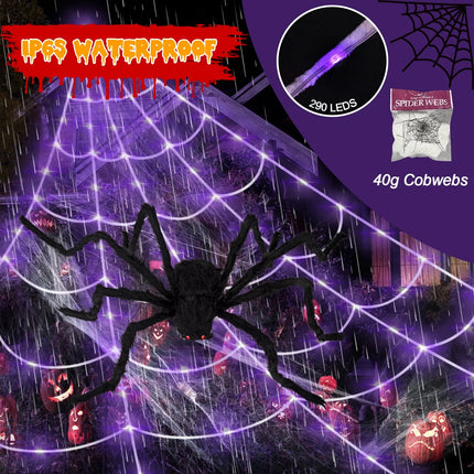 23 FT Spider Web Decor and 290 LED Halloween Lights with 78.7 in Large Spider Halloween Outdoor Decoration