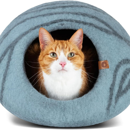 Cat Bed Cave Premium Felt - Handmade 100% Merino Wool Bed for Cats and Kittens (Light Shades) (Medium, Aquamarine)