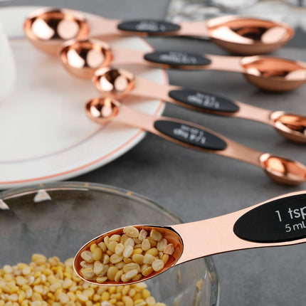 Magnetic Measuring Spoons Stainless Steel Copper Plated Rose Gold Dual Side for Dry and Liquid Ingredients Set of 5