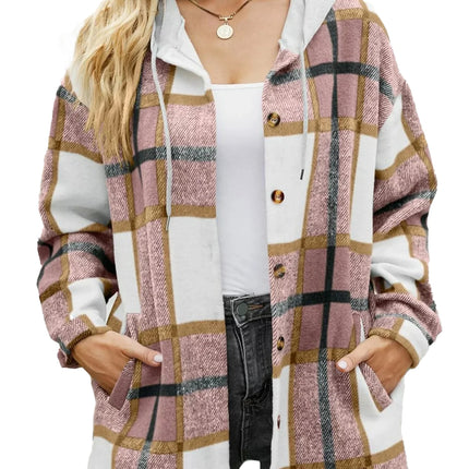 Flannel Shirts for Women Button down Plaid Shirt Hooded Shacket Jacket with Pocket