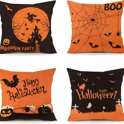 Halloween Decoration, Set of 4 Halloween Pillow Covers 18 X 18 Inch Spirder Web Jack-O-Lantern Cushion Covers for Halloween (Inserts Are Not Include)