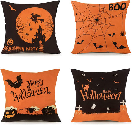 Halloween Decoration, Set of 4 Halloween Pillow Covers 18 X 18 Inch Spirder Web Jack-O-Lantern Cushion Covers for Halloween (Inserts Are Not Include)