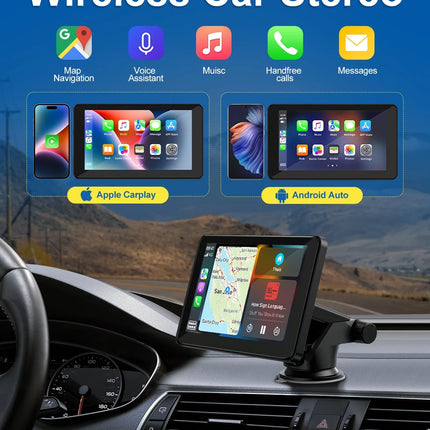 Portable 7 Inch Wireless Apple Carplay & Android Auto with Reverse Camera, 1080P HD Touchscreen GPS Navigation Car Stereo, Car Radio Receiver with Bluetooth, Mirror Link, FM, Siri