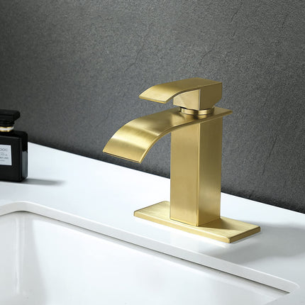 Gold Waterfall Spout Bathroom Faucet,Single Handle Single Hole Bathroom Vanity Sink Faucet, Rv Lavatory Vessel Faucet Basin Mixer Tap with Deck Plate, Brushed Gold