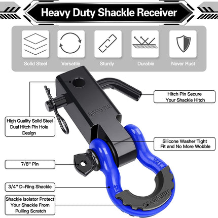 Shackle Hitch Receiver 2", 45,000 Lbs Break Strength Heavy Duty Receiver with 5/8" Screw Pin, 3/4" D Ring Shackles, Towing Accessories for Vehicle Recovery Off-Road, Blue&Black