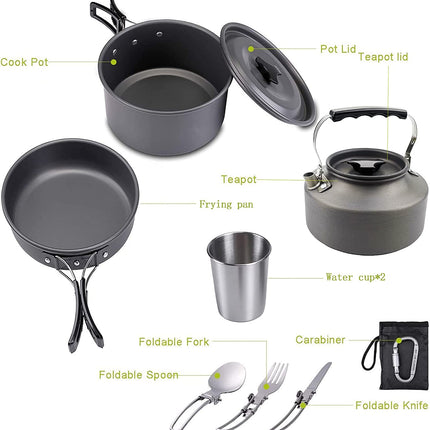 Outdoor Cookware Set Camping Cooker Set Camping Equipment Mountaineering Aluminum Cooker BBQ Tableware Camping Pot Set Suitable for 2~3 People - Green