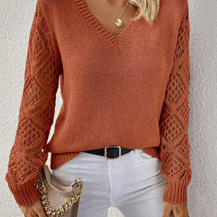 Solid V-neck Pullover Sweater With Hollow Long Sleeve Fashion Tops For Women Clothing