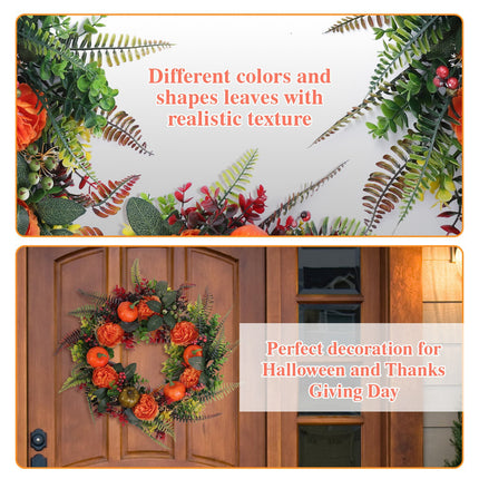 1Pc 17.71IN Autumn Wreath With Pumpkin Mixed Leaves Berries Flowers Fall Decoration For Indoor Outdoor Window Wall Front Door In Halloween Thanks Giving Day